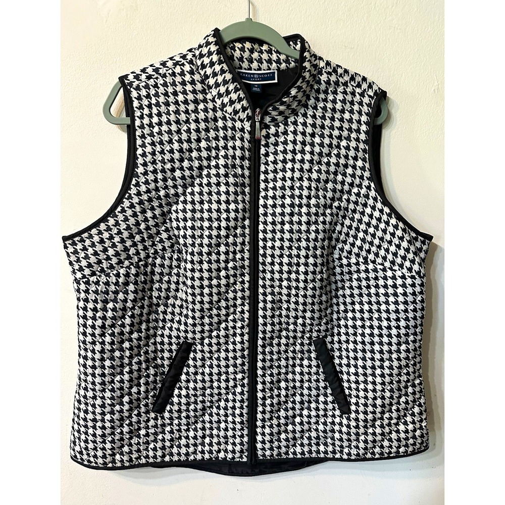 Karen Scott Sport Women 1X Quilted Vest Black White Houndstooth Zip Front Pocket